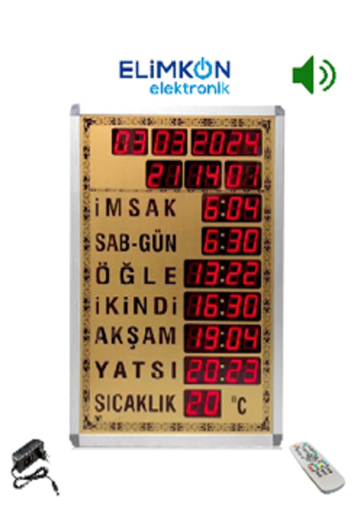 Elimkon VAKİTMATİK DİJİTAL İMSAKİYE CAMİİ SAATİ BÜYÜK BOY KUMANDALI EZANLI TAM GOLD