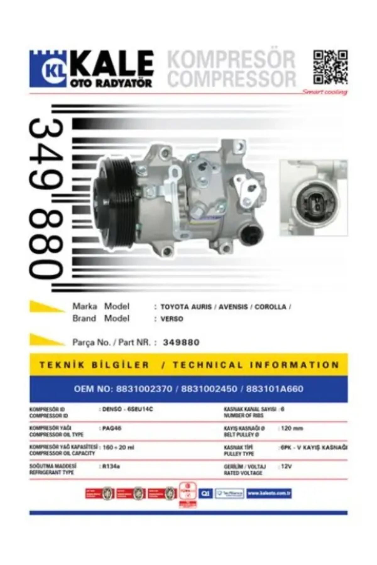 KALE RADYATÖR KLIMA KOMPRESORU TOYOTA AURIS COROLLA 1.6 2007-2012 AVENSIS 2008- [6PK V KAYIS KASNAGI] [120mm]