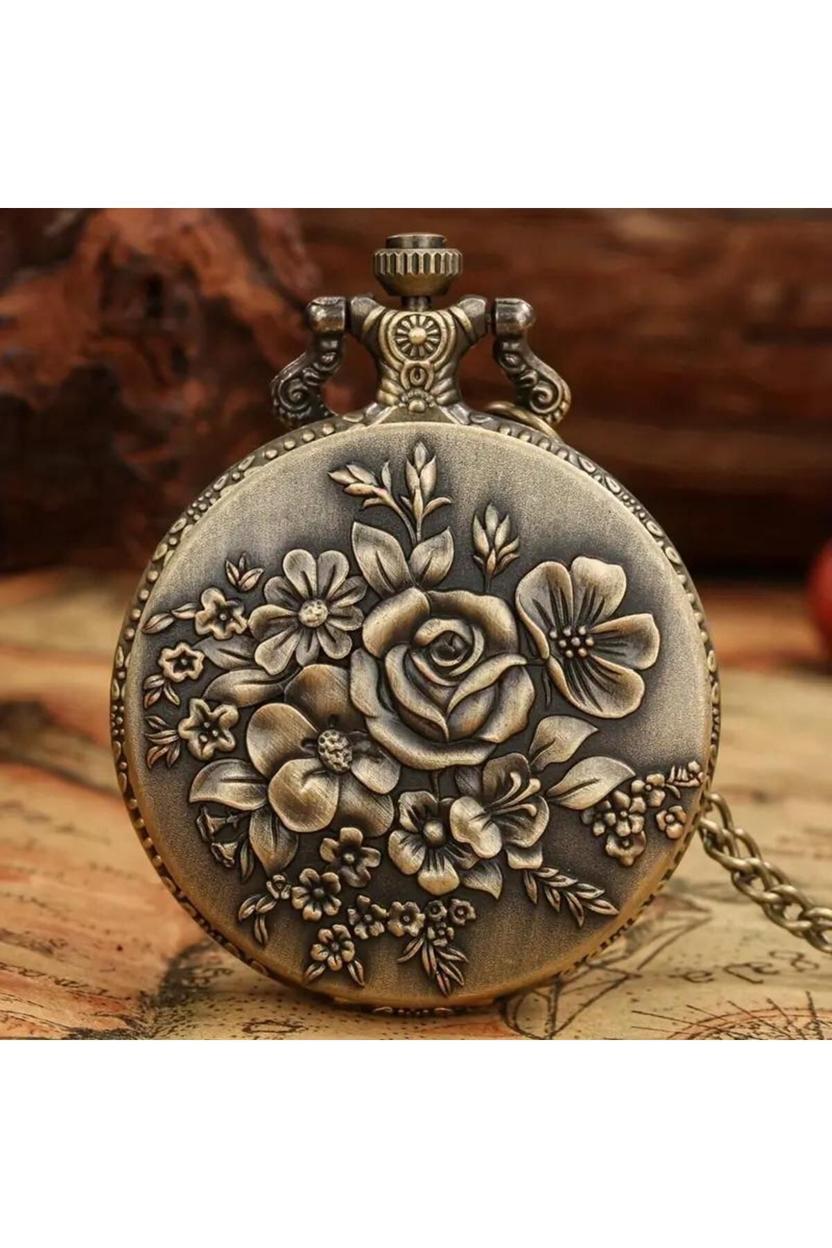 valkyrie Zarif Kabartma Çiçek Desenli Vintage Bronz Cep Saati - Kolye Köstekli Retro Hediye