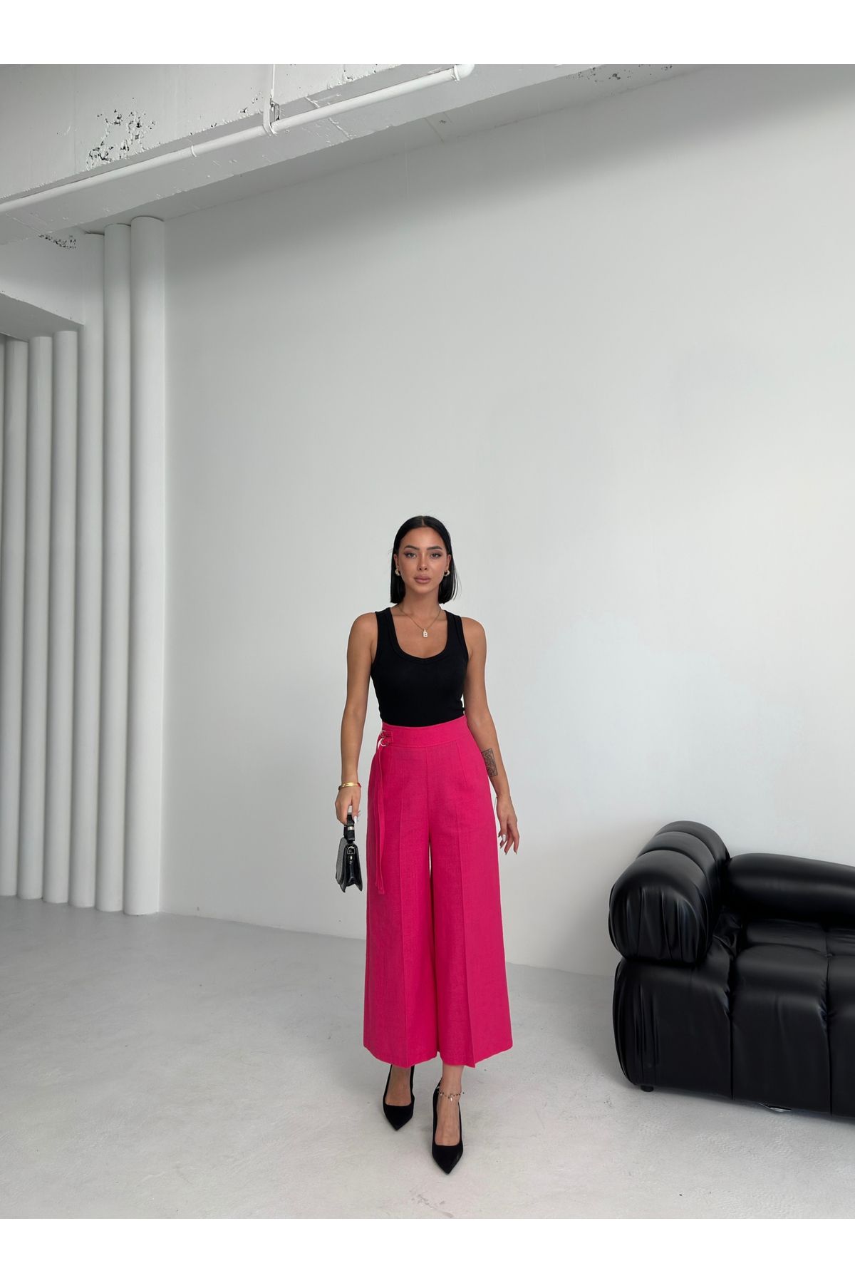 OUZ Fashion Kadın Keten Toka Detaylı Bilek Boy Wide Leg Pantolon