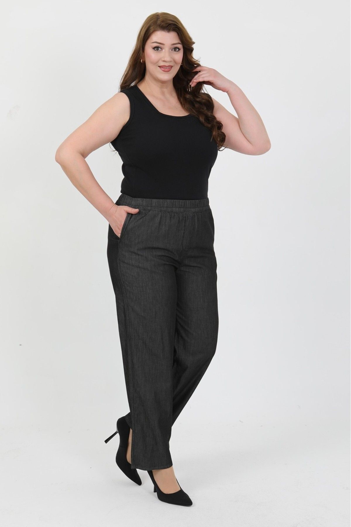 By Alba Collection Kadın Siyah Beli Lastikli Büyük Beden Kot Pantolon
