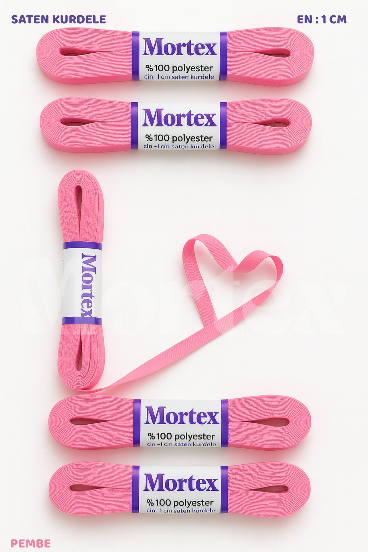 Mortex Pembe Saten Kurdele 1cm 10mt - Bohça, Nikah, Nişan, Çeyiz, Hediye, Süsleme İçin Kurdele