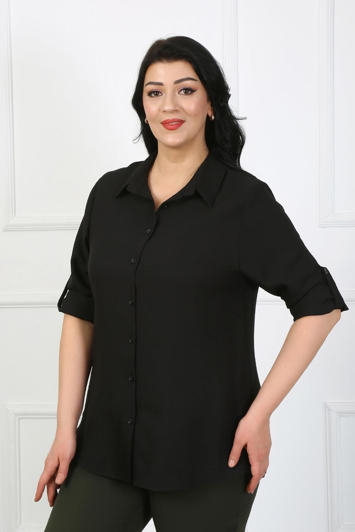 By Alba Collection Kadın Siyah Soft Keten Büyük Beden Gömlek