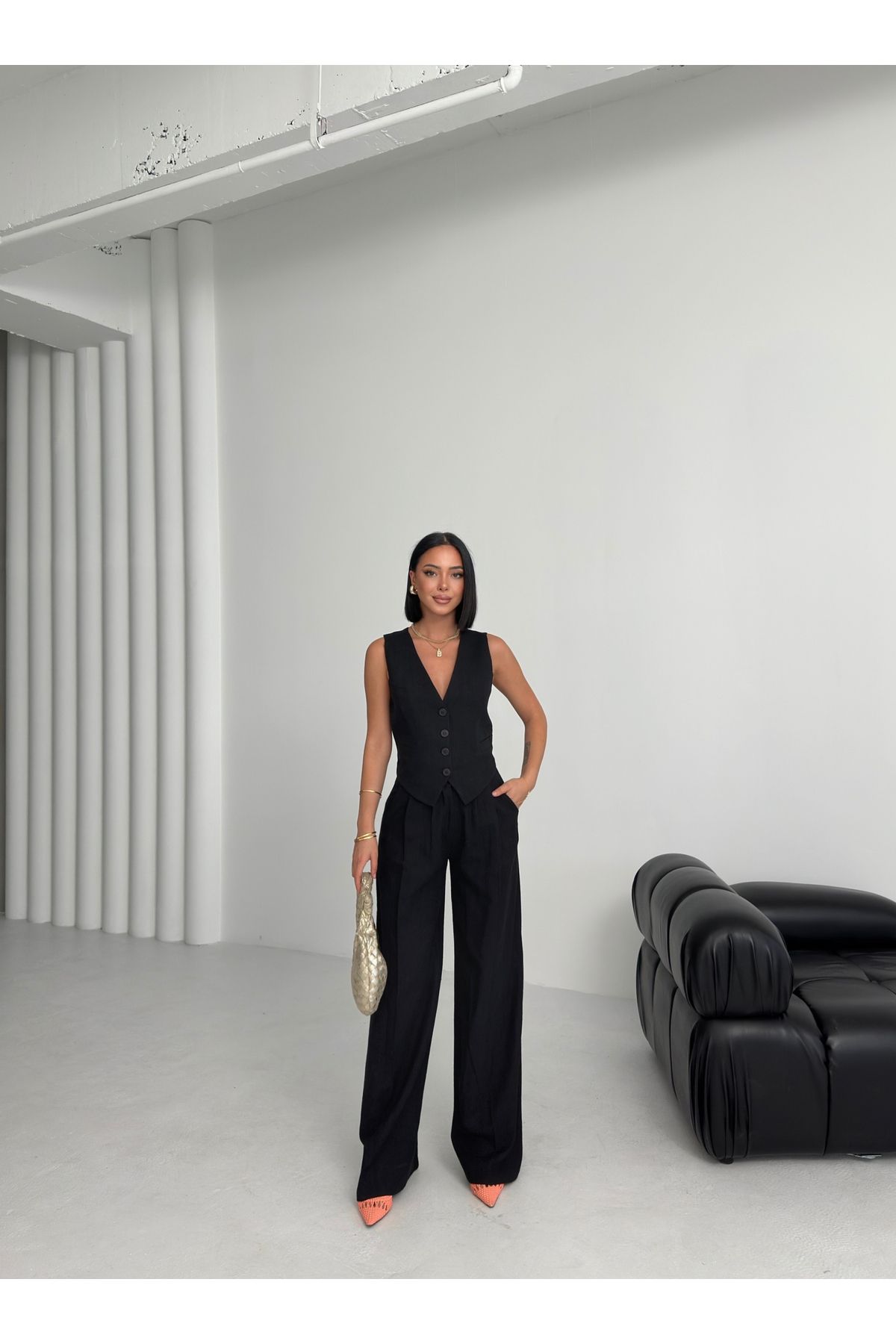 OUZ Fashion Kadın Keten Sırtı Çapraz Geçişli Cepken Pantolon İkili Takım