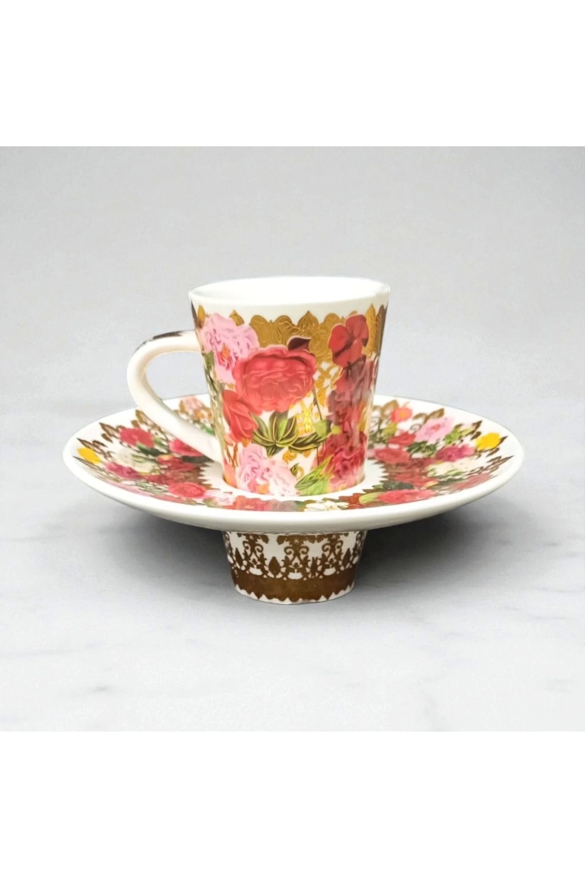 Zuccara Maison Rose Gold 6'lı Çiçek Desenli Altın Yaldızlı Kahve Fincanı Seti