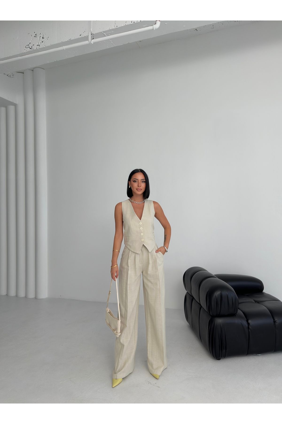 OUZ Fashion Kadın Keten Sırtı Çapraz Geçişli Cepken Pantolon İkili Takım