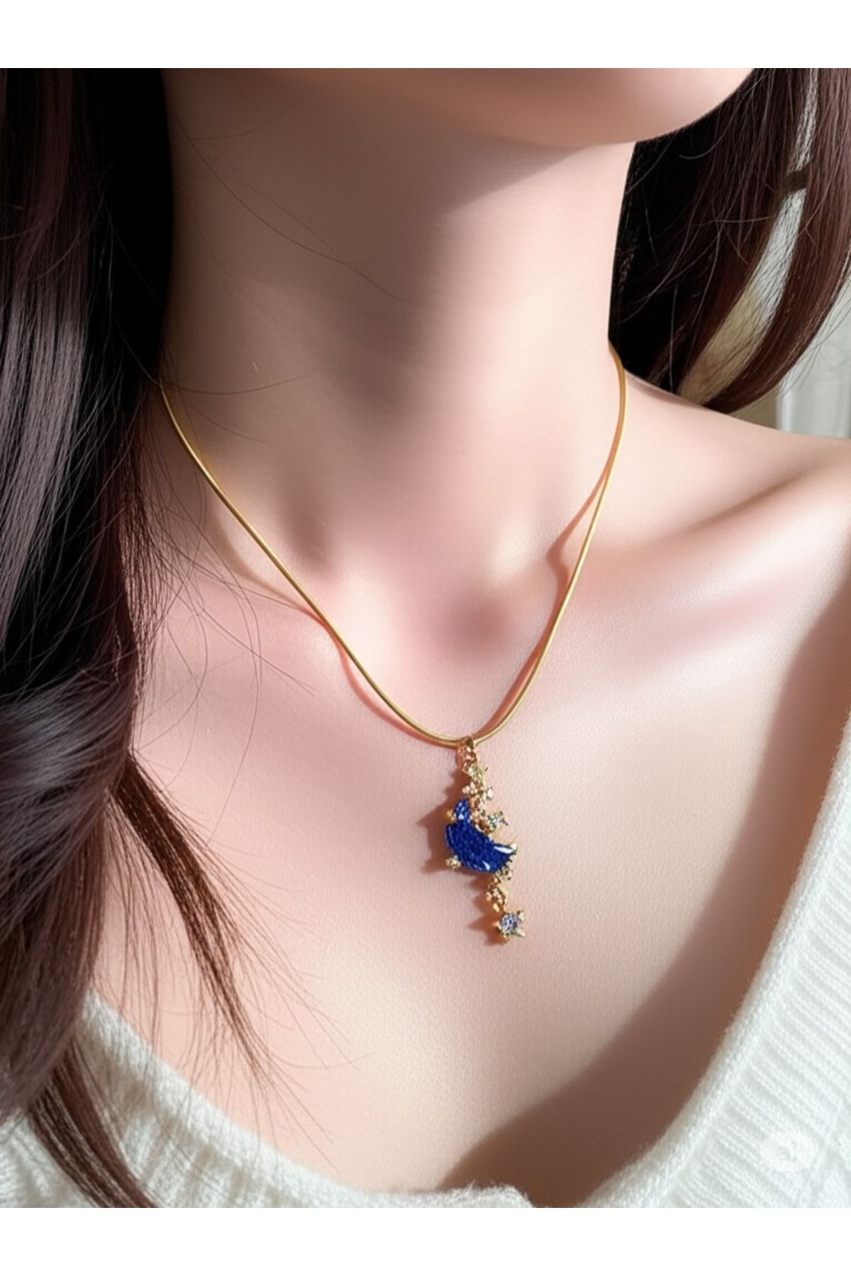 FAMEMUS ACCESSORY Yıldızlı Mavi Opalit Ay Çelik Kolye Sevgiler ve Özel Günler