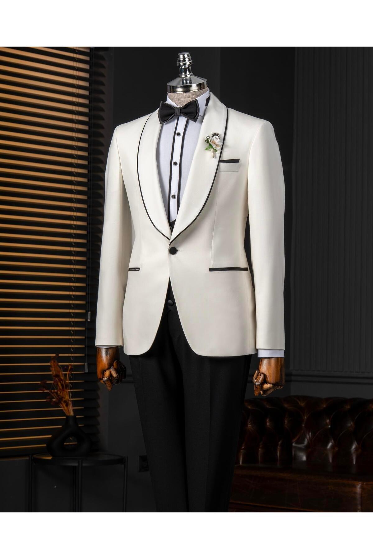 TerziAdemAltun-Italian Style Shawl Collar Jacket Vest Pants Groom Suit Set Ecru T14267 3