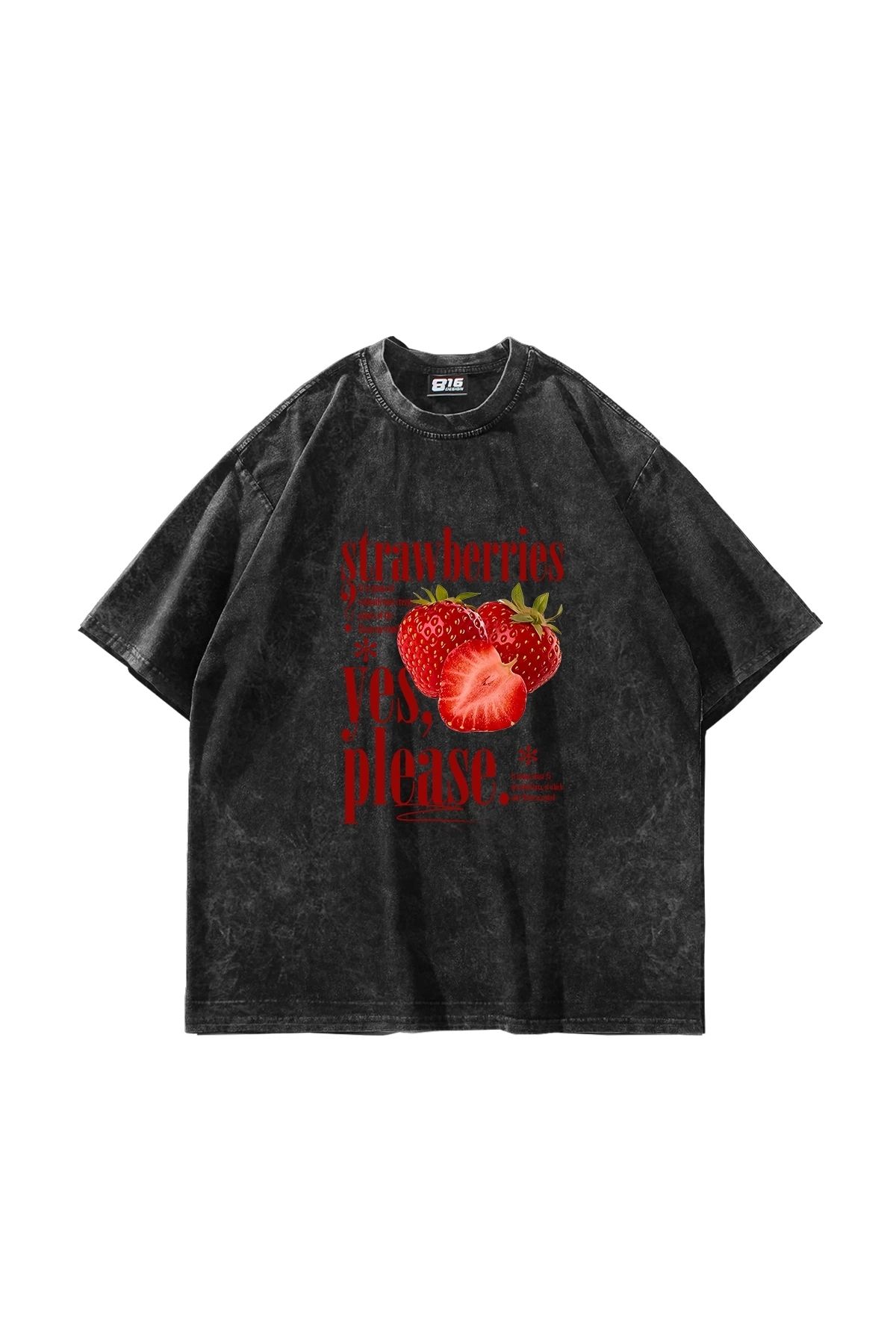Sekizbiraltı Strawberries Baskılı Oversize Unisex Yıkamalı Siyah Tshirt