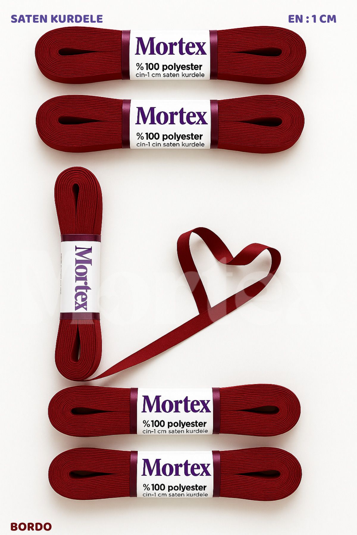 Mortex Bordo Saten Kurdele 1cm 10mt - Bohça, Nikah, Nişan, Çeyiz, Hediye, Süsleme İçin Kurdele