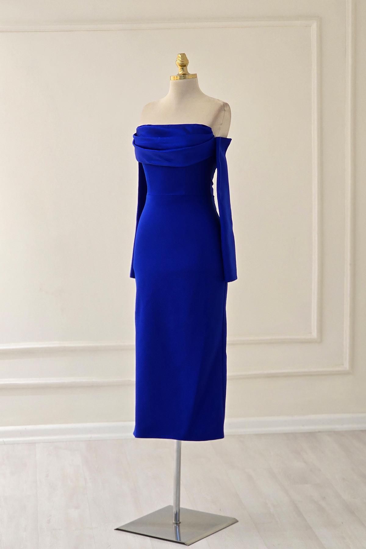 Yonca Moda Evi Saks Mavi Alya Krep Kısa Elbise 1005
