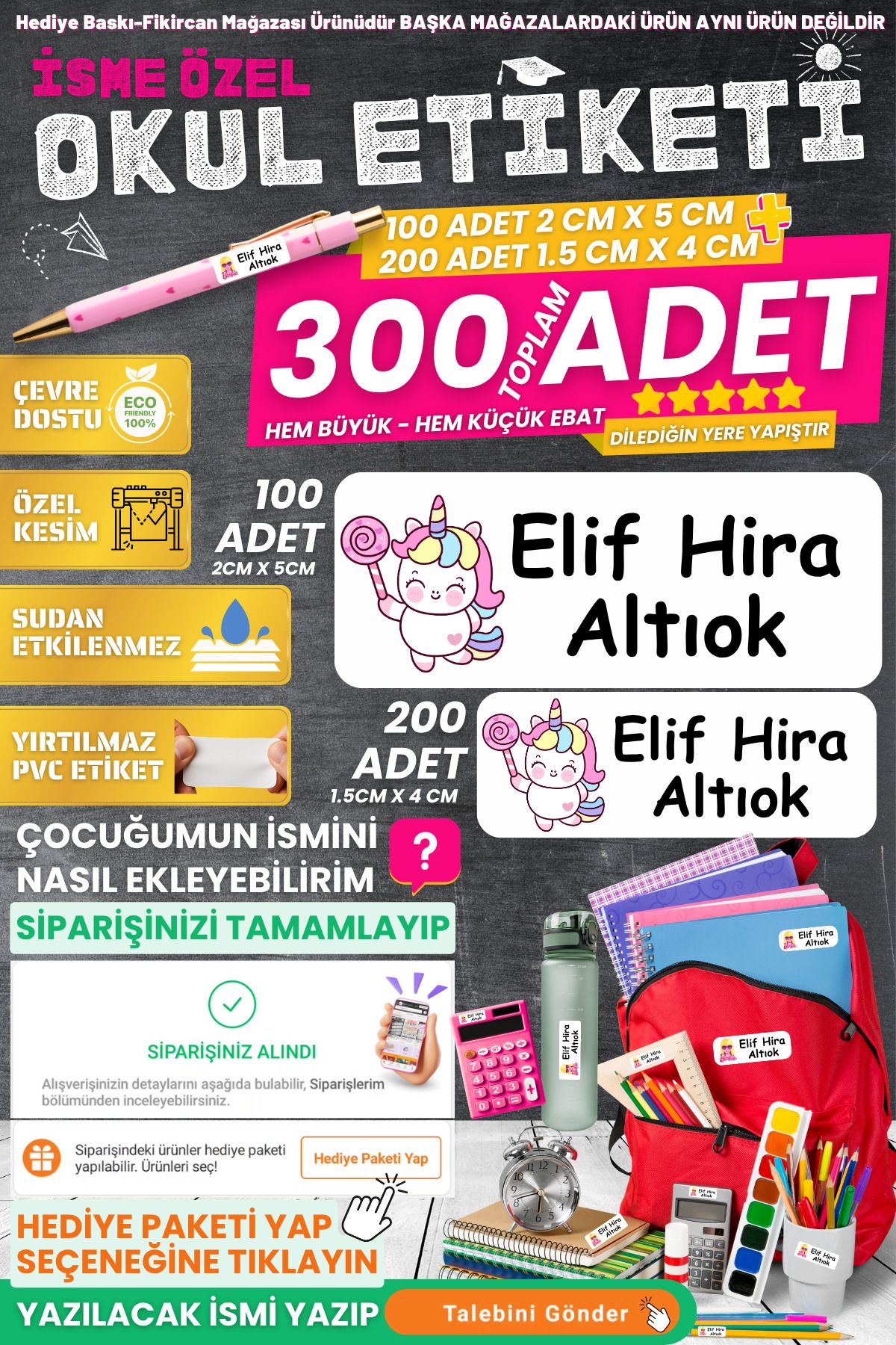FİKİRCAN Fikircan-İsme Özel Okul Etiket Seti - UNICORN 300 Adet - Kokusuz Ekolojik Mürekkep PVC ETİKET