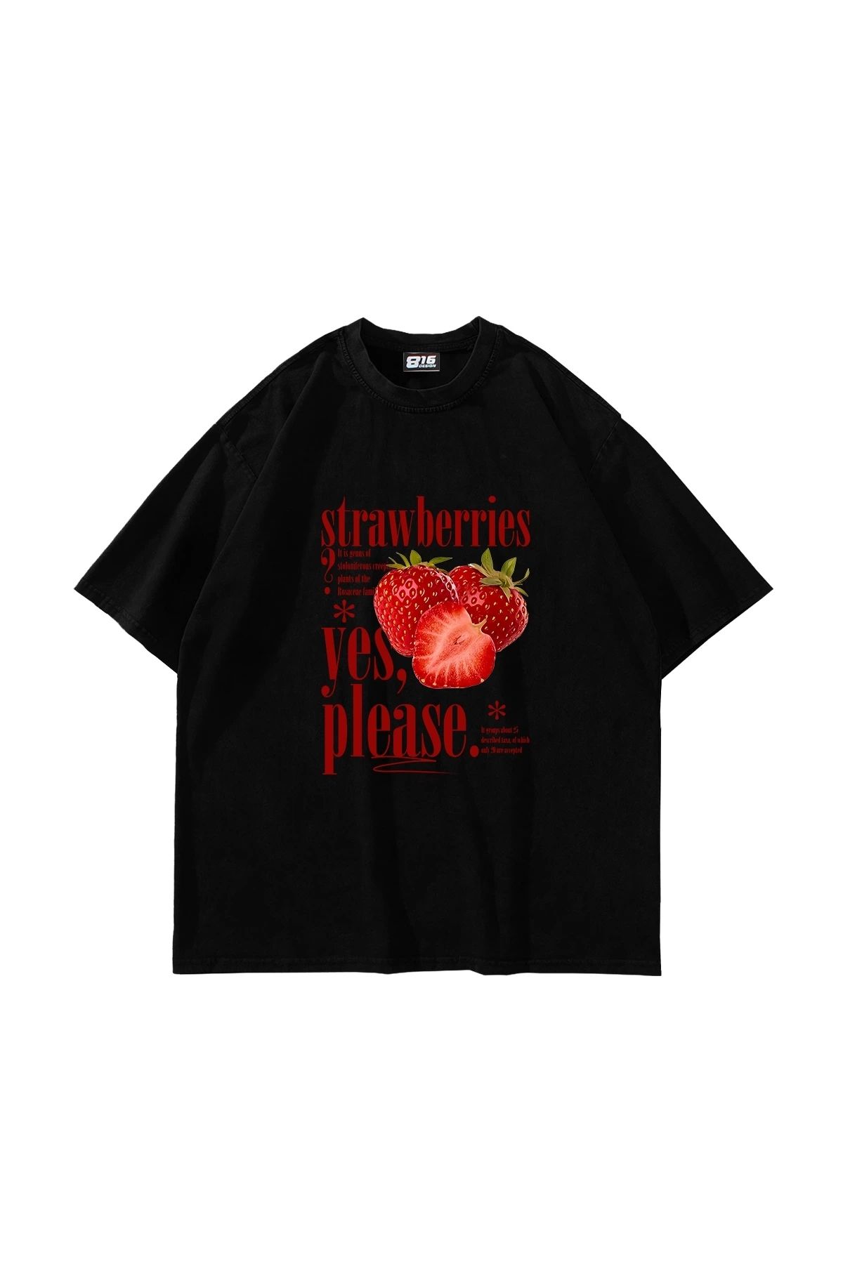 Sekizbiraltı Strawberries Baskılı Oversize Unisex Siyah Tshirt
