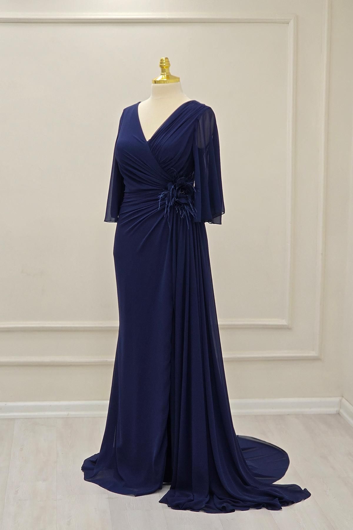 Yonca Moda Evi Lacivert Çiçekli Şifon Elbise 8061