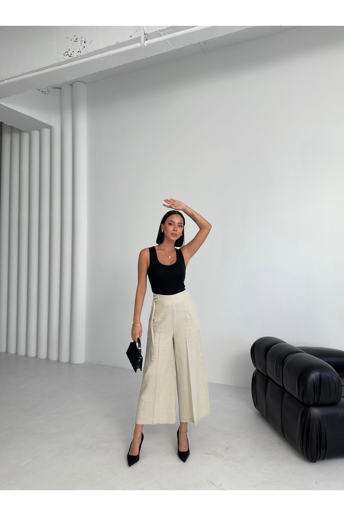 OUZ Fashion Kadın Keten Toka Detaylı Bilek Boy Wide Leg Pantolon