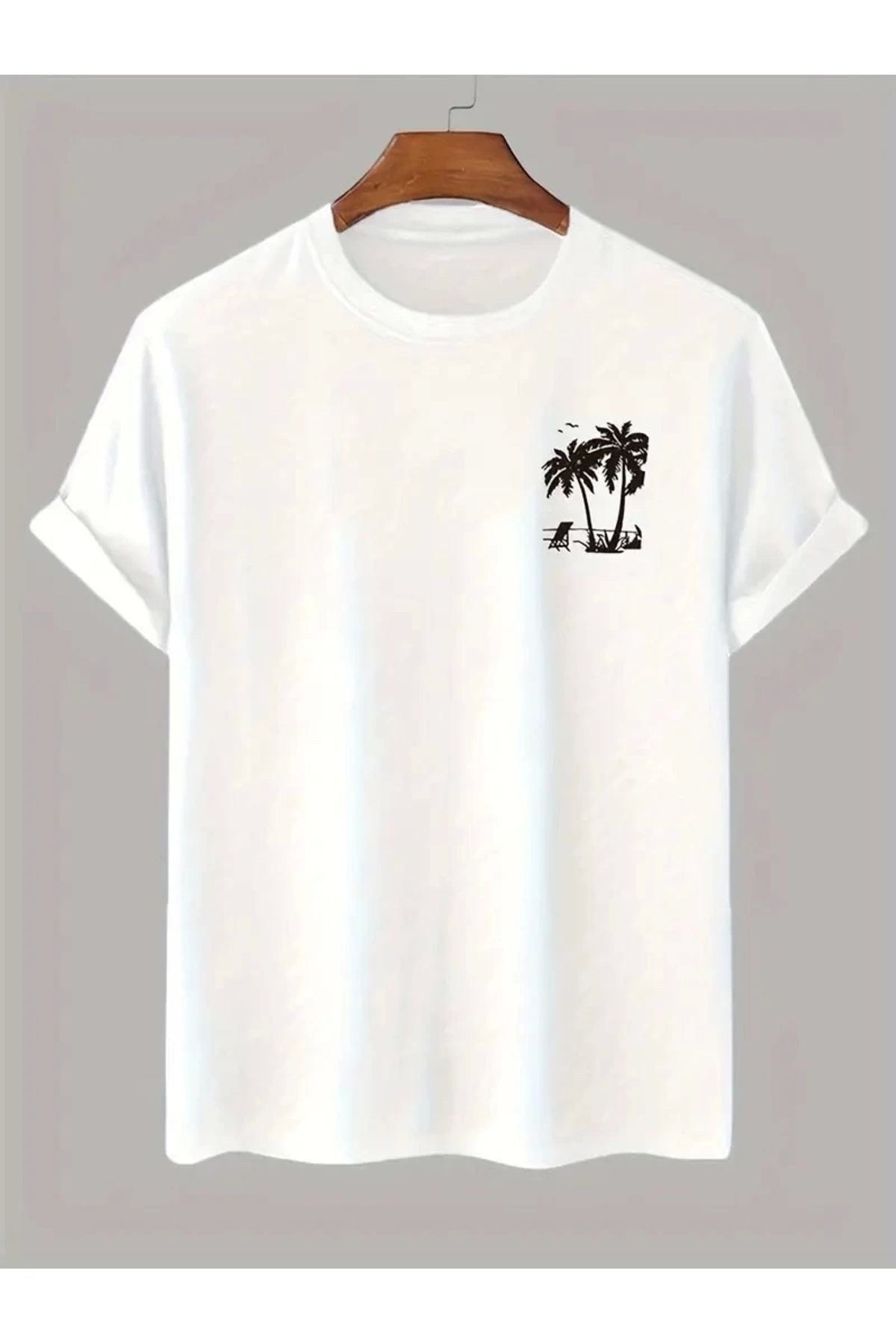 Tam12den Home 20/1 Penye Compack Palmiye Ön Baskılı Oversize Bisiklet Yaka Kısa Kol Yazlık T-shirt - Beyaz