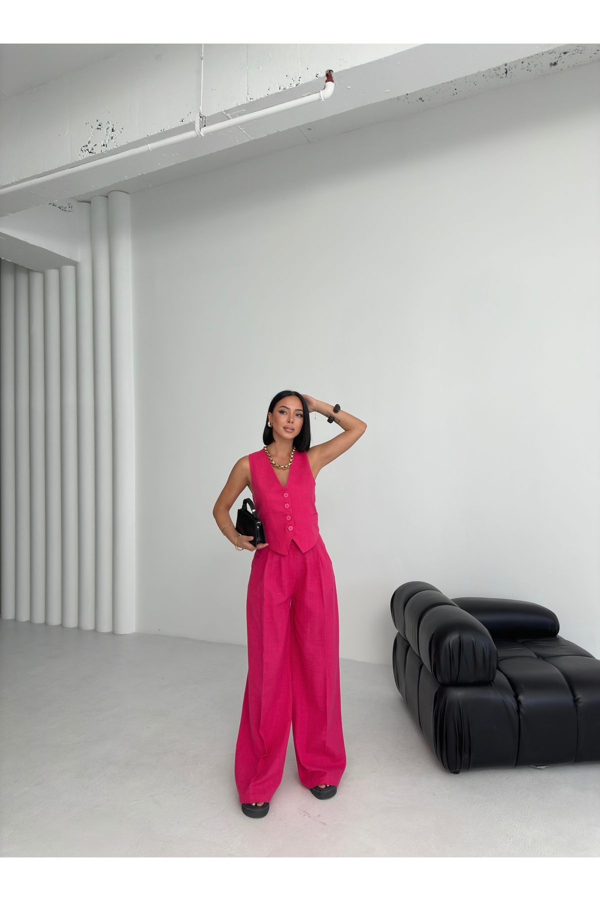 OUZ Fashion Kadın Keten Sırtı Çapraz Geçişli Cepken Pantolon İkili Takım