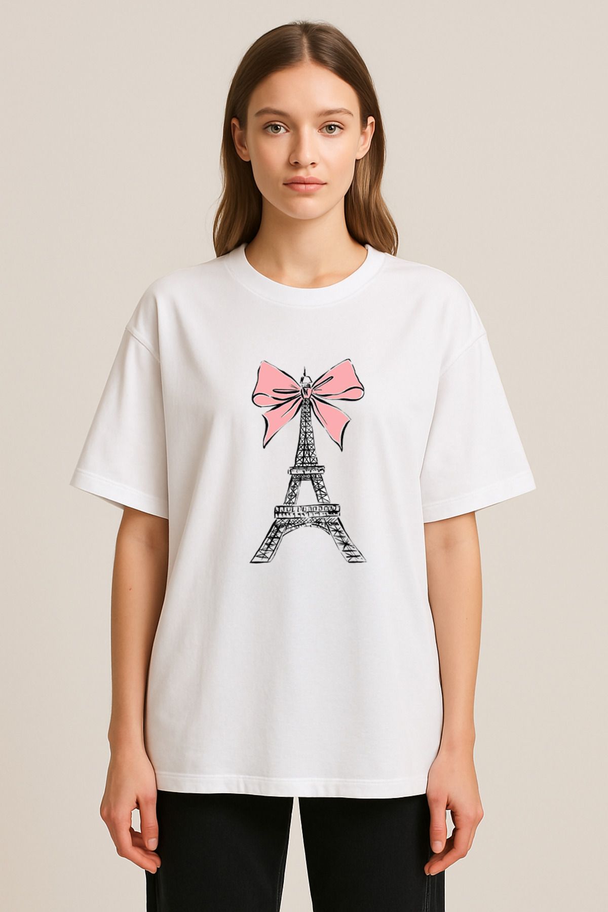 sielta Paris Eyfel Kulesi Baskılı Bisiklet Yaka Oversize Beyaz Tişört T-shirt