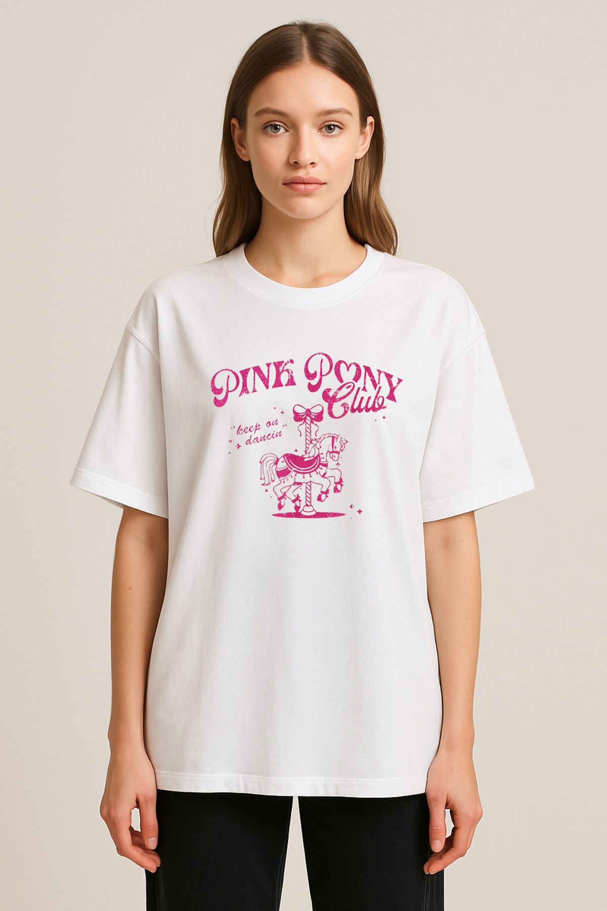 sielta Pink Pony Midilli Baskılı Bisiklet Yaka Oversize Beyaz Tişört T-shirt