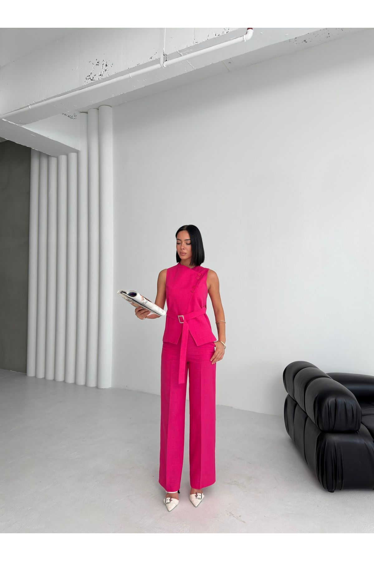OUZ Fashion Kadın Keten Asimetrik Yelek Pantolon İkili Takım