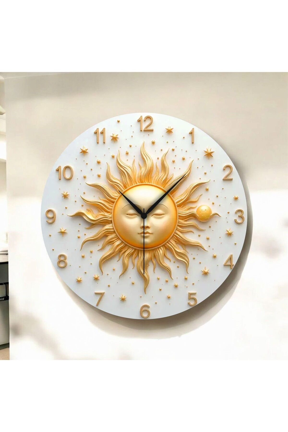 AA Shop Renkli Baskı Güneş Desenli Sayılı Hediyelik Ahşap Sessiz Duvar Saati 50cm