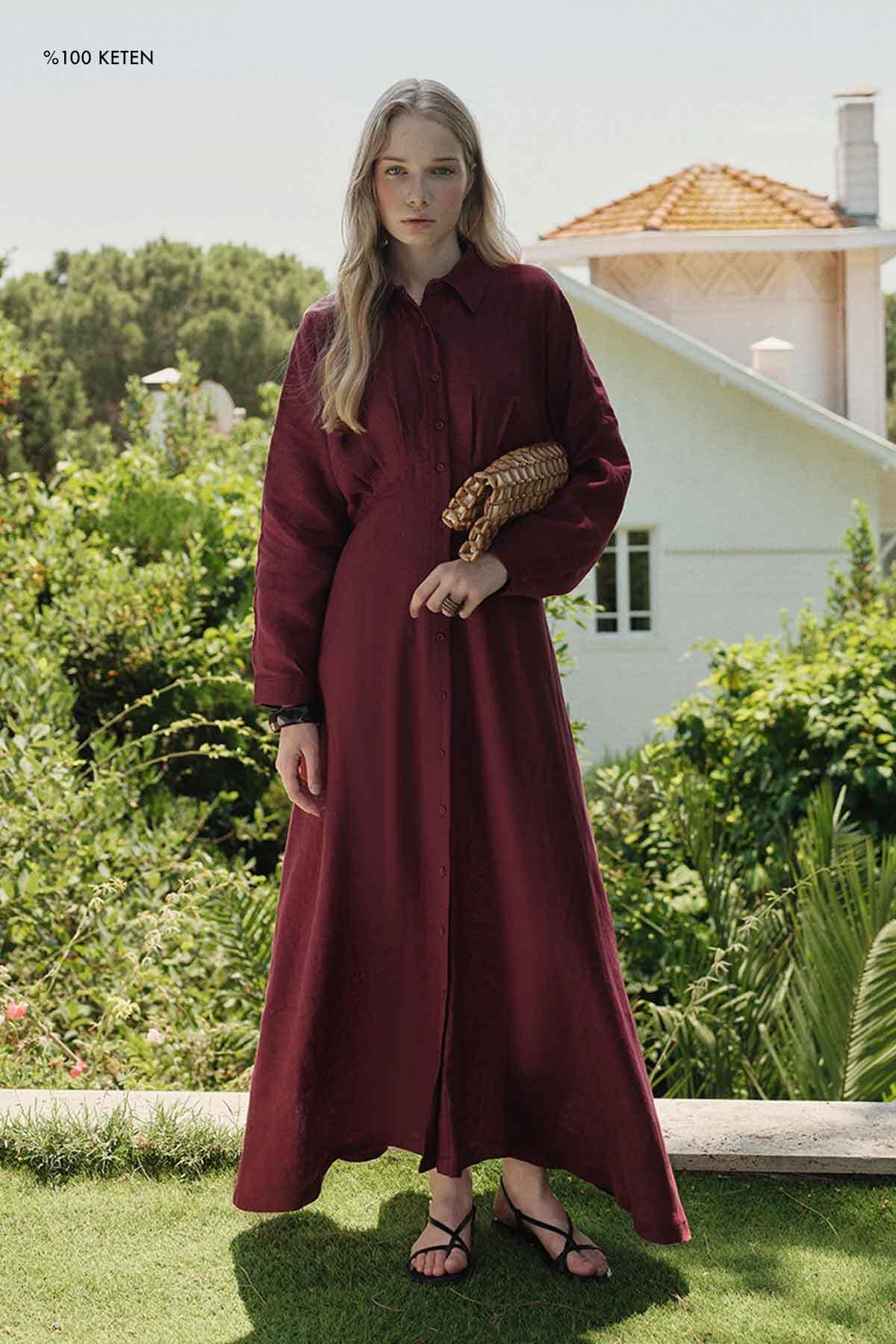 Hooopstore %100 Keten Reglan Kol Düğmeli Bordo Elbise
