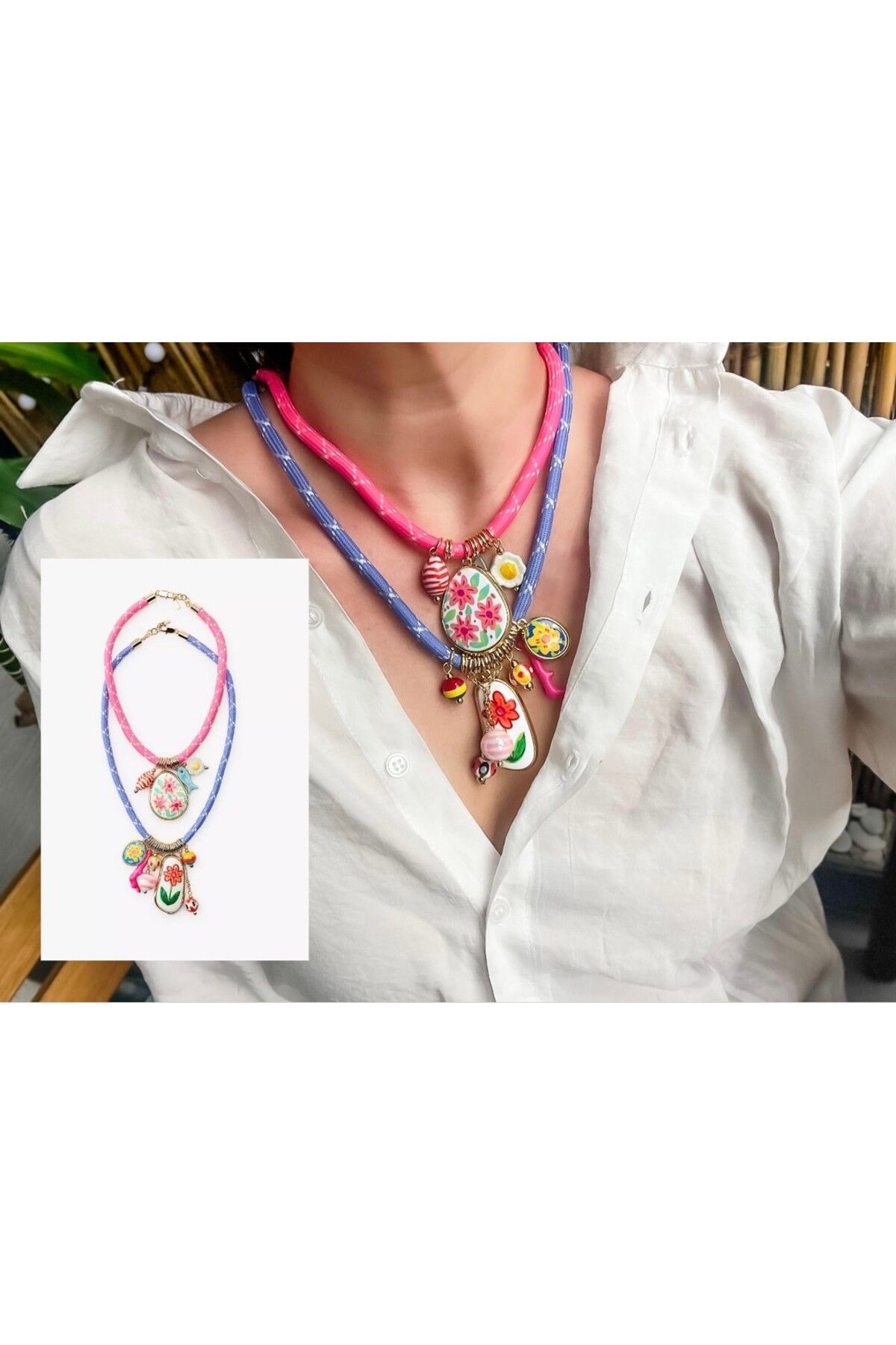 illys ZRA Model Pembe Lila Çiçek Detaylı İkili Kolye