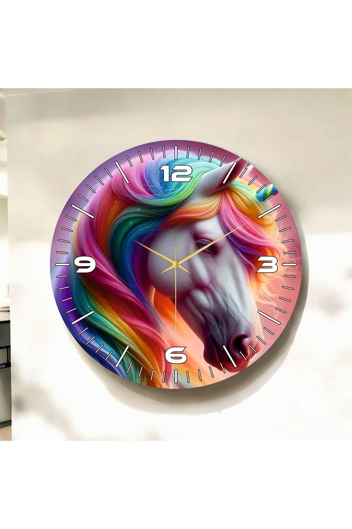AA Shop Renkli Baskı At Desenli Sayılı Hediyelik Ahşap Sessiz Duvar Saati 50cm