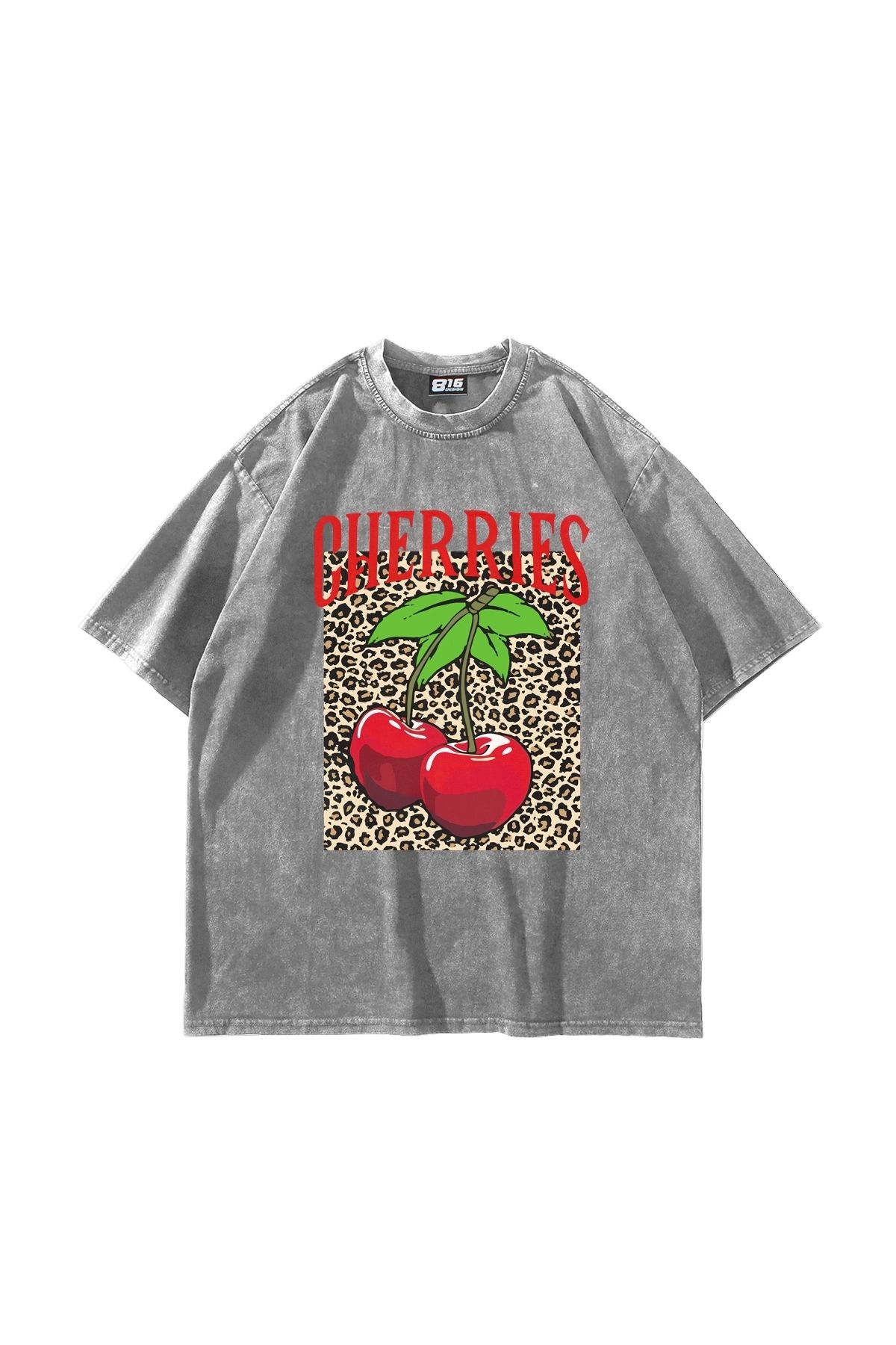 Sekizbiraltı Cherries Leopard Baskılı Oversize Unisex Yıkamalı Beyaz Tshirt