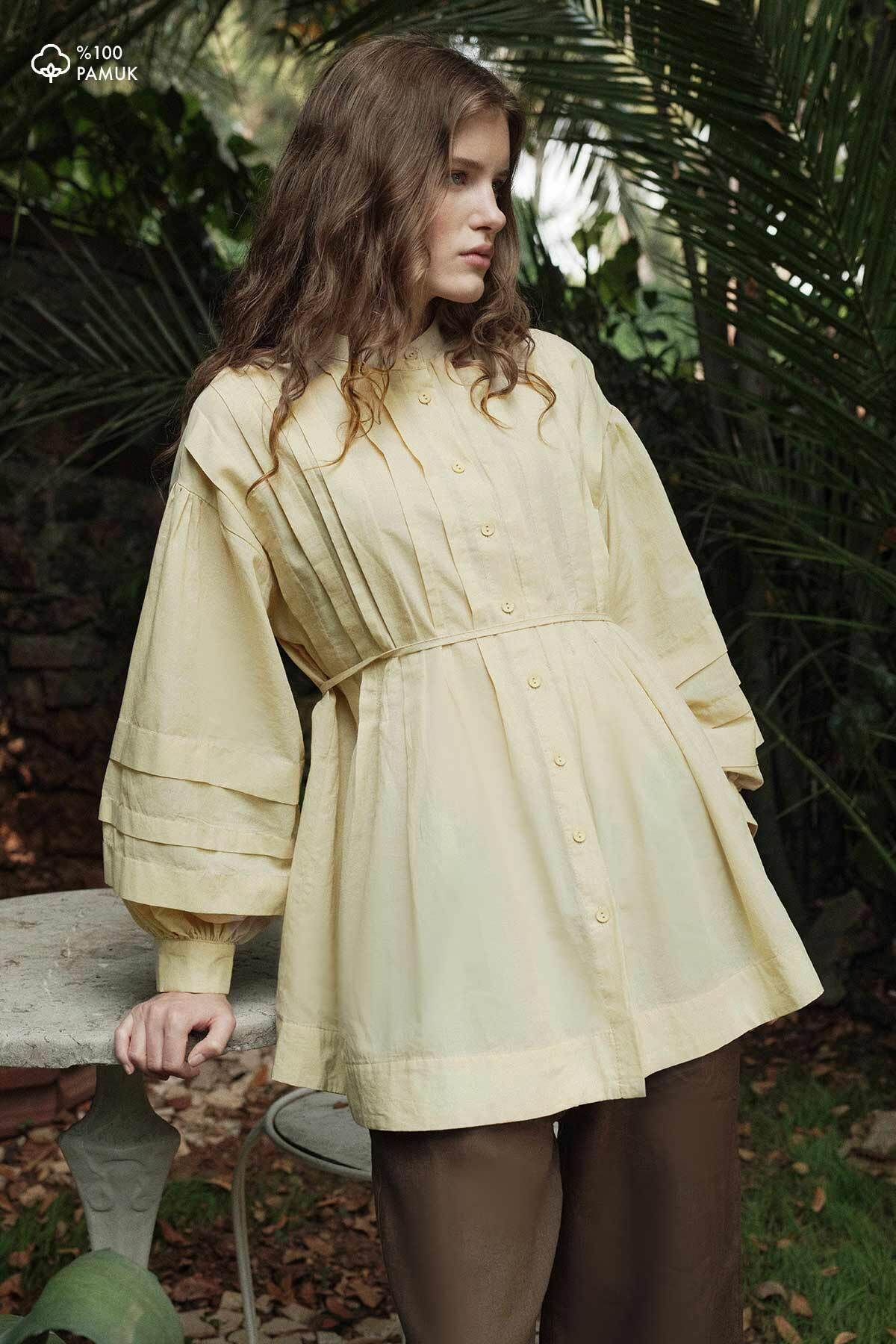 Hooopstore Nervürlü Pamuklu Vual Butter Yellow Gömlek