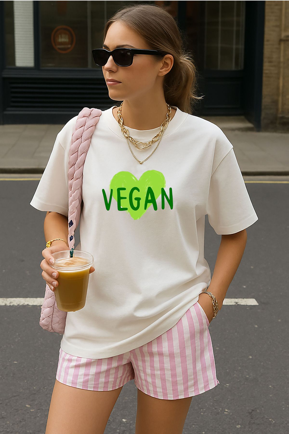 sielta Vegan Baskılı Bisiklet Yaka Oversize Beyaz Tişört T-shirt