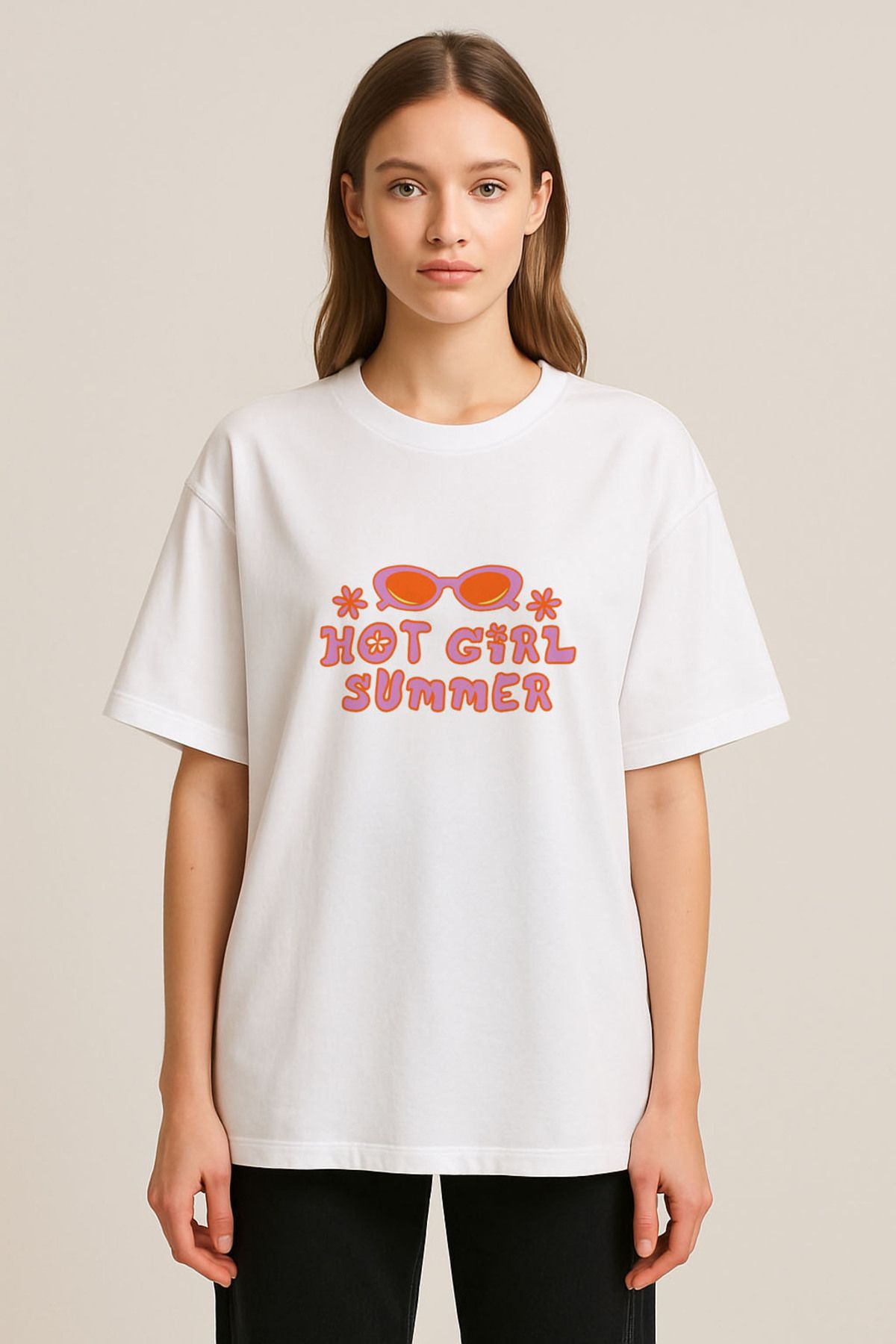 sielta Hot Girl Summer Baskılı Bisiklet Yaka Oversize Beyaz Tişört T-shirt