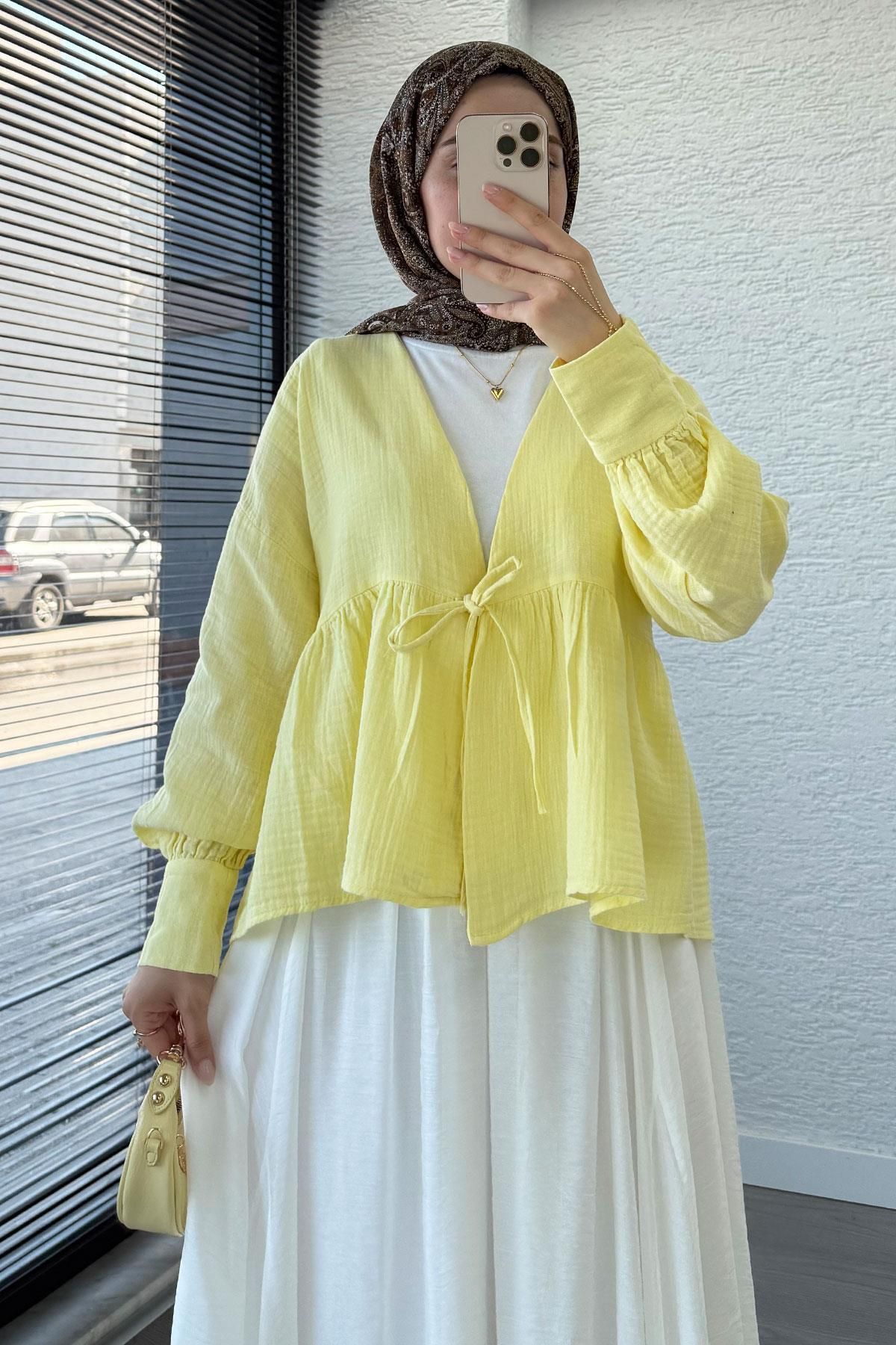 MELEK ARAZ Robadan Bağlamalı Müslin Kimono – Sarı