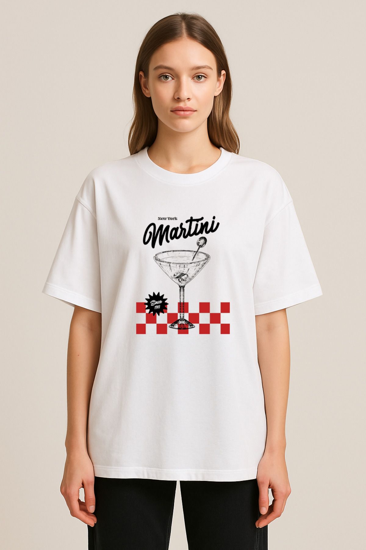 sielta Martini İçki Baskılı Bisiklet Yaka Oversize Beyaz Tişört T-shirt
