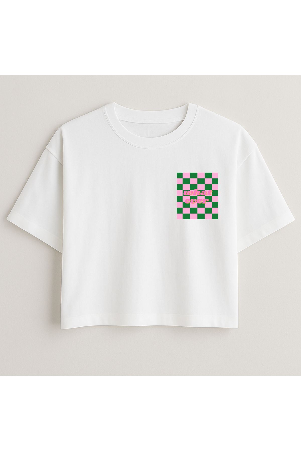 Minou Wear Whatever Baskılı Özel Tasarım Kadın Beyaz Oversize Crop Tshirt