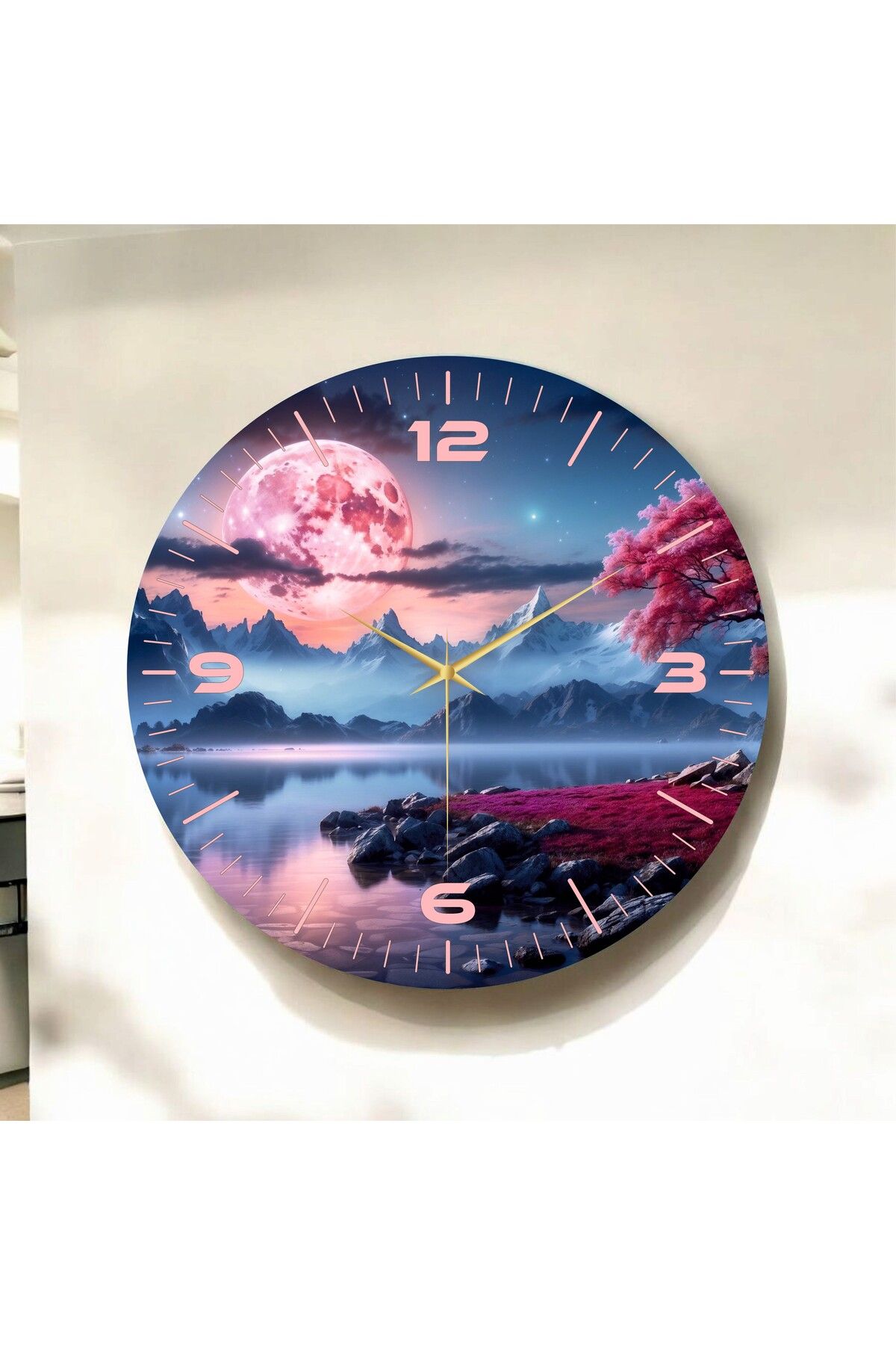 AA Shop Renkli Baskı Doğa Desenli Sayılı Hediyelik Ahşap Sessiz Duvar Saati 50cm