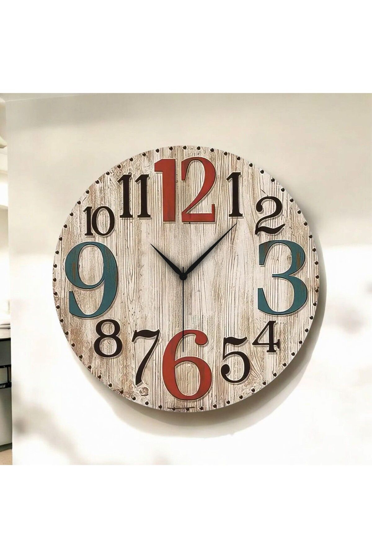 AA Shop Renkli Baskı Desenli Sayılı Hediyelik Ahşap Sessiz Duvar Saati 50cm