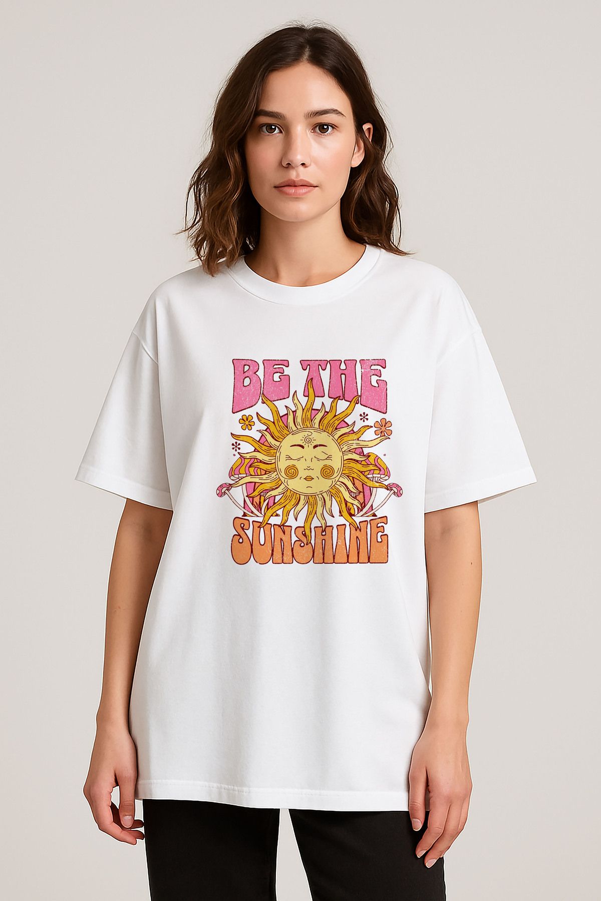 sielta Summer Vibes Güneş Baskılı Bisiklet Yaka Oversize Beyaz Tişört T-shirt