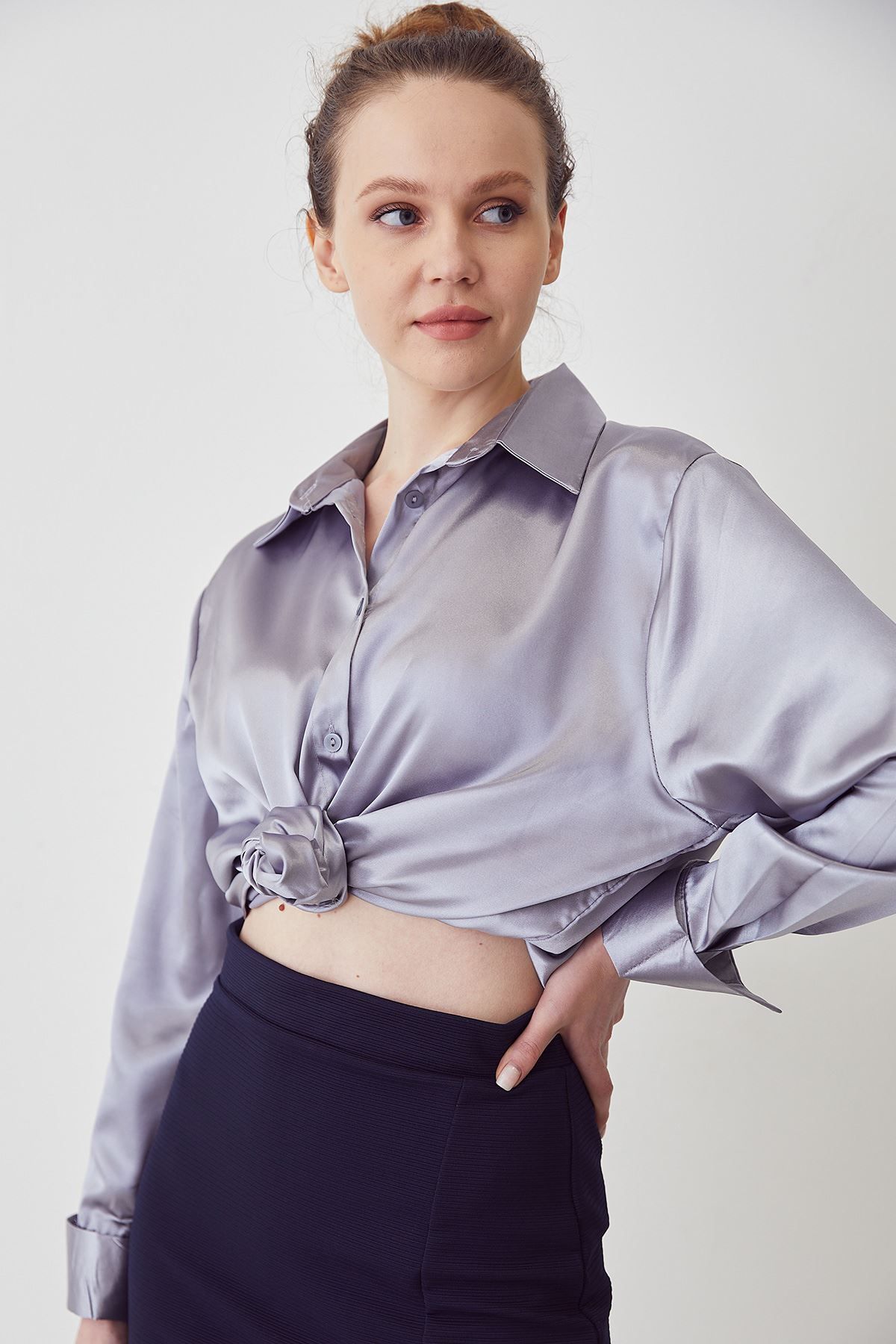 modestim Oversize Saten Gömlek-Gri