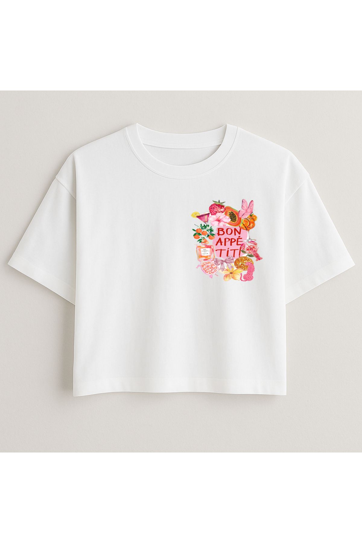 Minou Wear Bonapetit Baskılı Özel Tasarım Kadın Beyaz Oversize Crop Tshirt