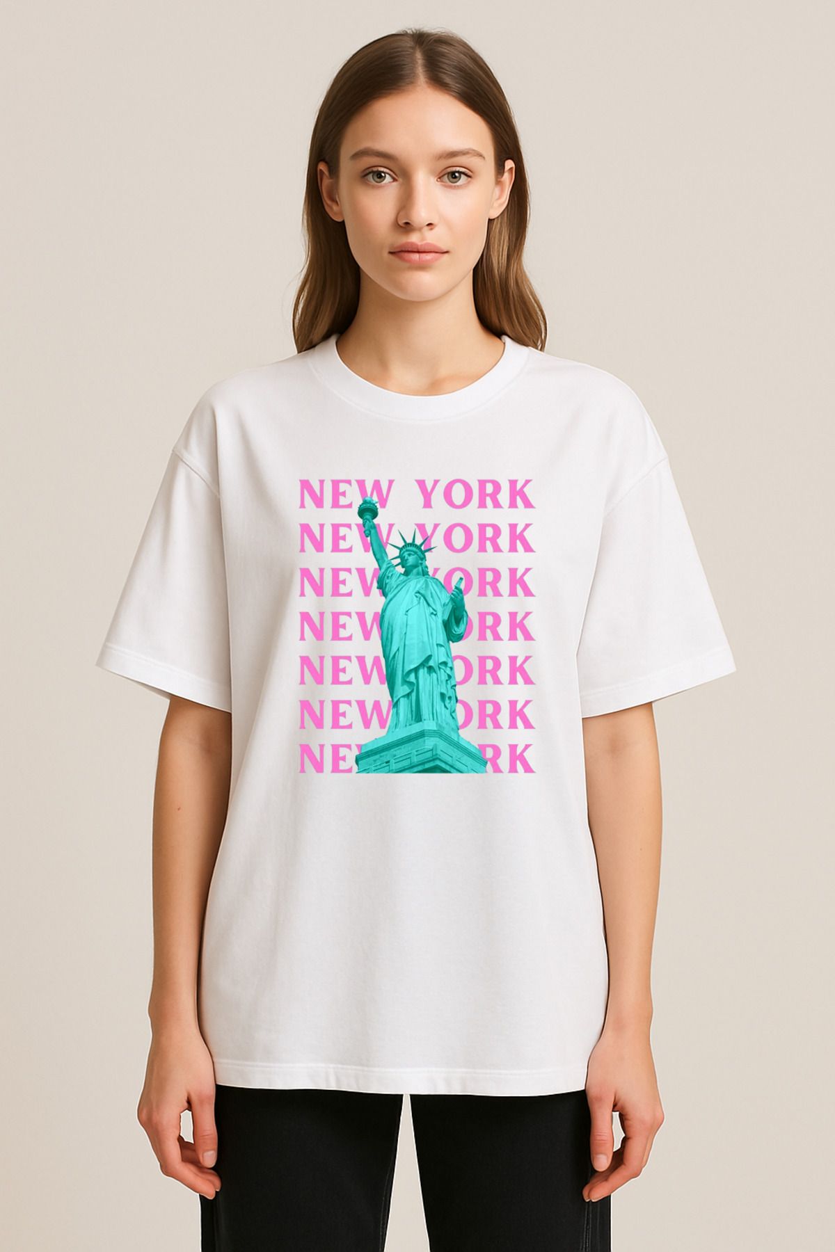 sielta New York Özgürlik Heykeli Baskılı Bisiklet Yaka Oversize Beyaz Tişört T-shirt