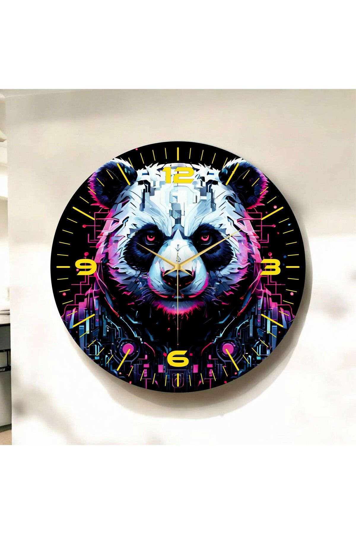 AA Shop Renkli Baskı Panda Gamer Desenli Sayılı Hediyelik Ahşap Sessiz Duvar Saati 50cm