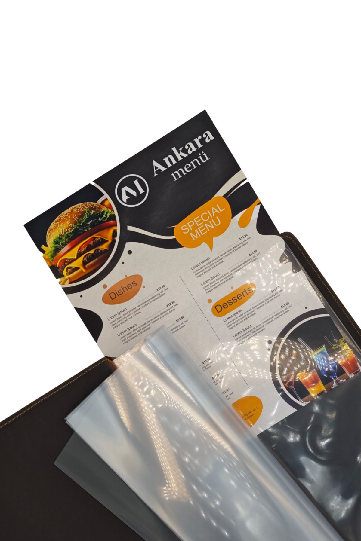 ankara menü-Thermo Leather A4 Menu – Menu Container with Transparent Page Protection and Replaceable Content 5