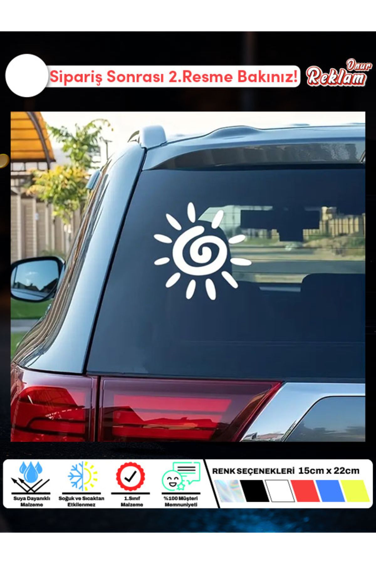 Onur Reklam piral Güneş Tasarımlı Araç Stickerı – Suya Dayanıklı Dekoratif Çıkartma (15x22 cm)