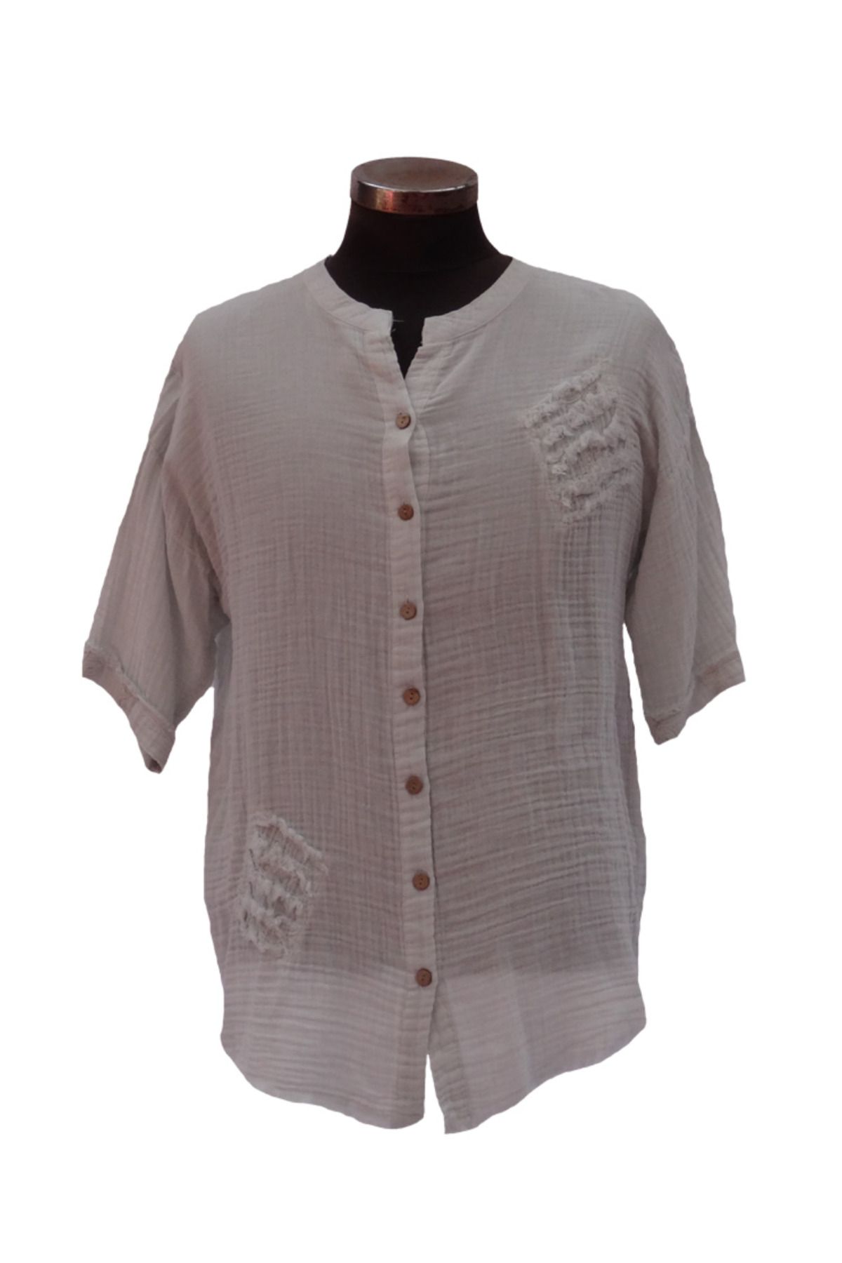 Metta's Shop Gri İtalyan Muslin Nakış Detaylı Kısa Kollu Gömlek