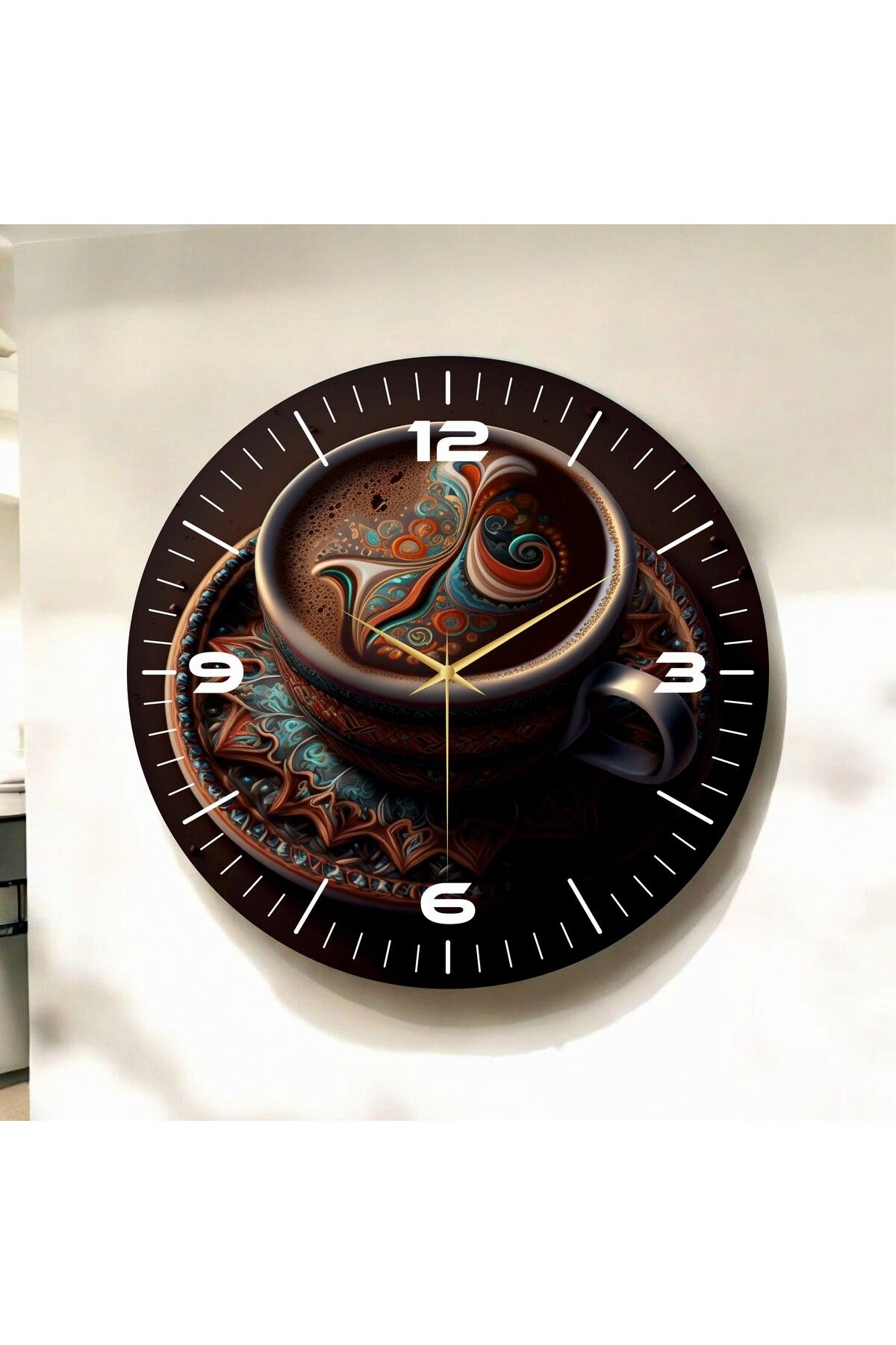 AA Shop Renkli Baskı Kahve Desenli Sayılı Hediyelik Ahşap Sessiz Duvar Saati 50cm