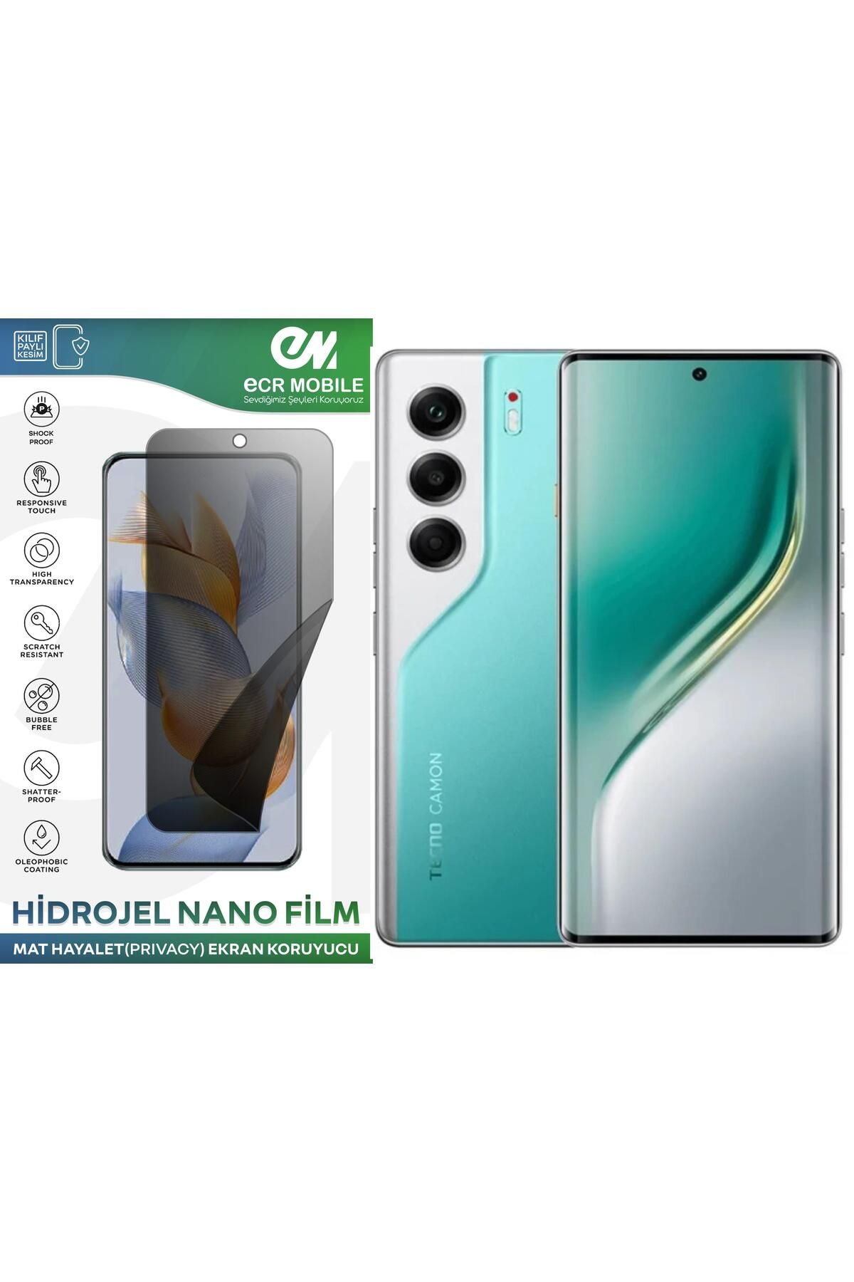 Ecr Mobile Tecno Camon 40 Pro Uyumlu Hidrojel Nano Ekran Koruyucu Film HAYALET(Privacy)Tempered Cam Değildir