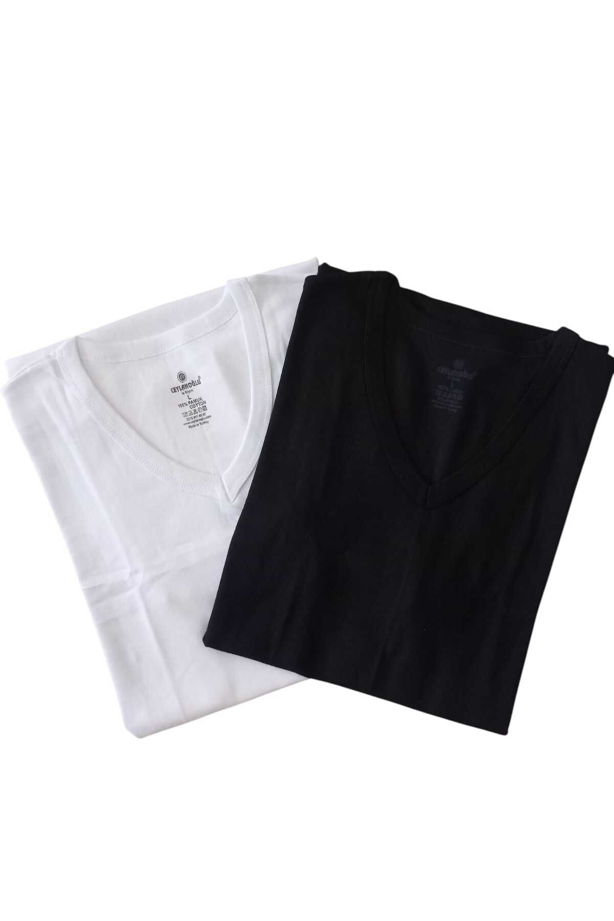balkonda Tişört V yaka pamuklu cotton 2'li avantajlı paket siyah-beyaz slim fit ekstra esnek unisex VTC3-1