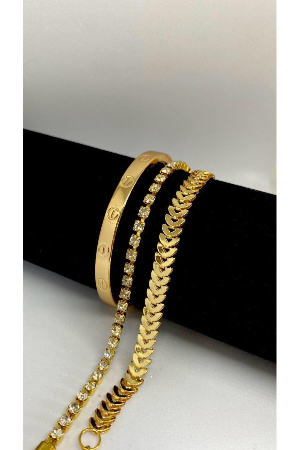 Axuu Collection 3 Parçalı Gold Renk Kadın Bileklik Seti Kadın Bileklik Kombini Su Yolu Balıksırtı Kelepçe