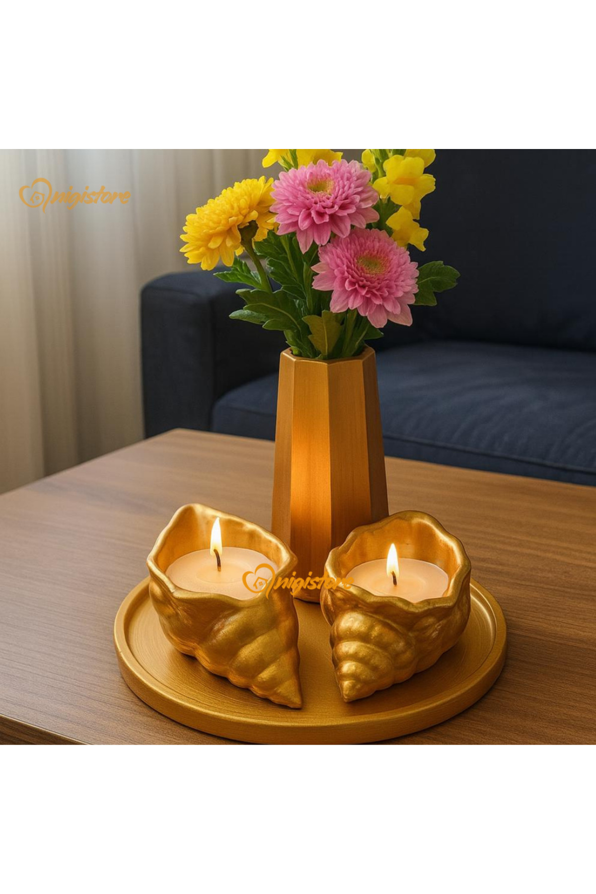 4 Piece Decorative Set - Vase, Oyster Candle, Tray (FLOWERS NOT INCLUDED)